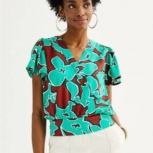 Nine West Banded Flutter Sleeve V-Neck Top Color: Teal Mid Oleander Large